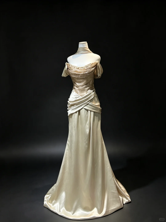 Champagne Off Shoulder Mermaid Formal Gown Beaded Sequin Cross Ruched Satin Vintage Evening Dress  NV6967