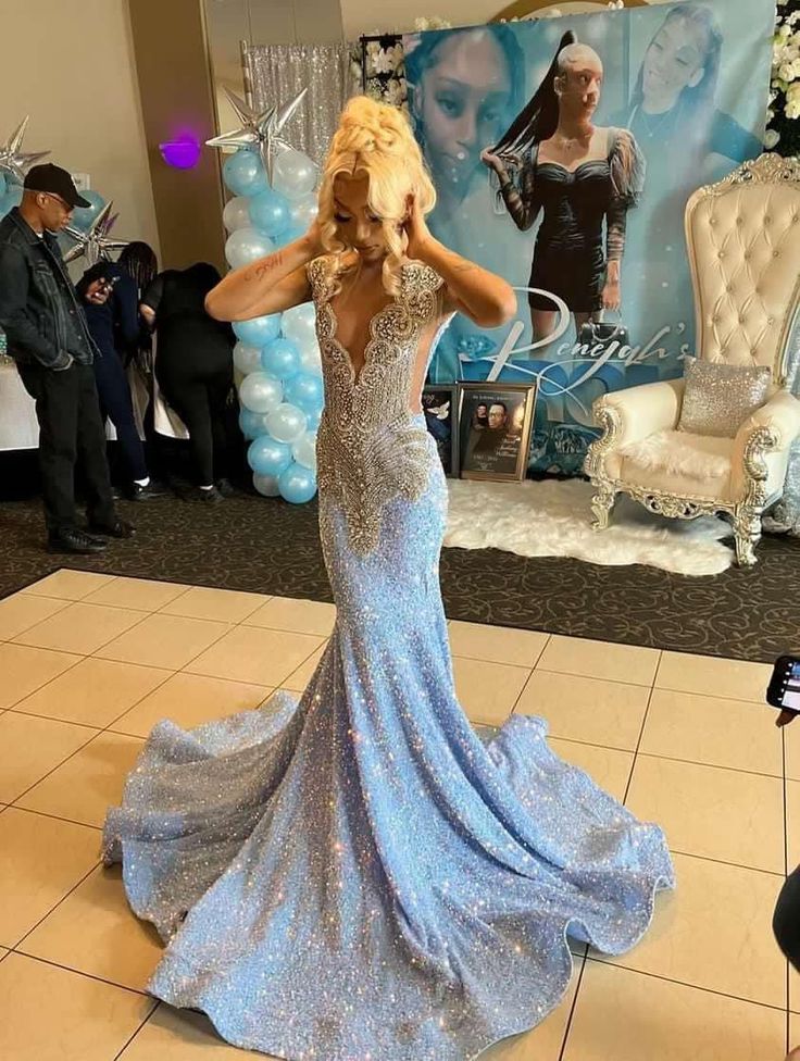 Blue gorgeous shiny sequins long mermaid slim ball gown evening dress nv184