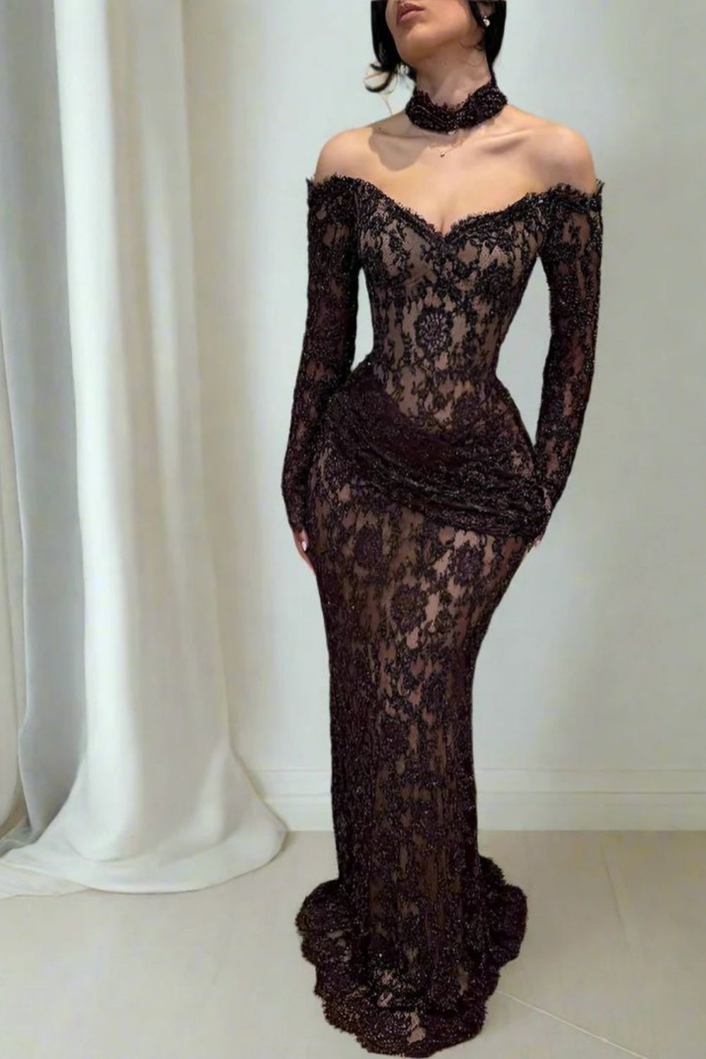 Robe de soirée élégante en dentelle pour femme mûre, robe sexy à manches longues NV6342