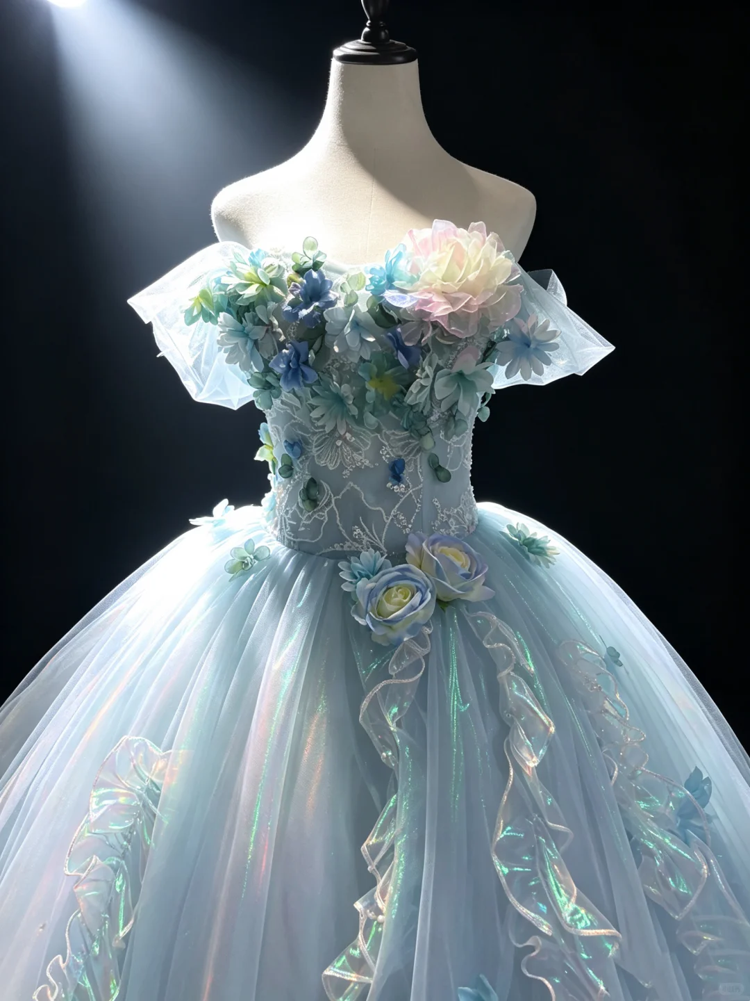 Light Lake Blue Off Shoulder Corset Ball Gown 3D Flower Iridescent Tulle Fairy Prom Dress  NV6937