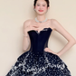 Strapless Black Starry Sky Prom Dress, White Pearl Beaded Tiered Ball Gown  NV7428