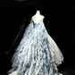 Strapless Sky Blue Cloud Print Tulle Prom Dress Beaded Bodice Detachable Puff Sleeve Princess Ball Gown  NV6992