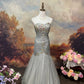 Silver Grey Vintage Elegant Exquisite Gem Beaded Long Tulle Ball Gown Evening Dress Prom Dress nv4079