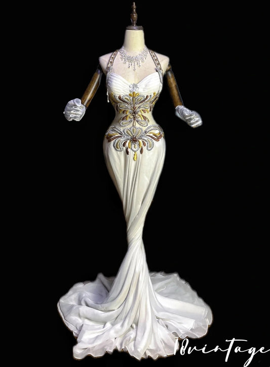 Ivory White Vintage Fashion Gorgeous Floral Exquisite Beading Long Mermaid Slim Fit Satin Ball Gown Evening Dress nv4060