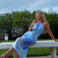 Blue women's halter neckline long satin ball gown evening dress wedding guest dress nv2960