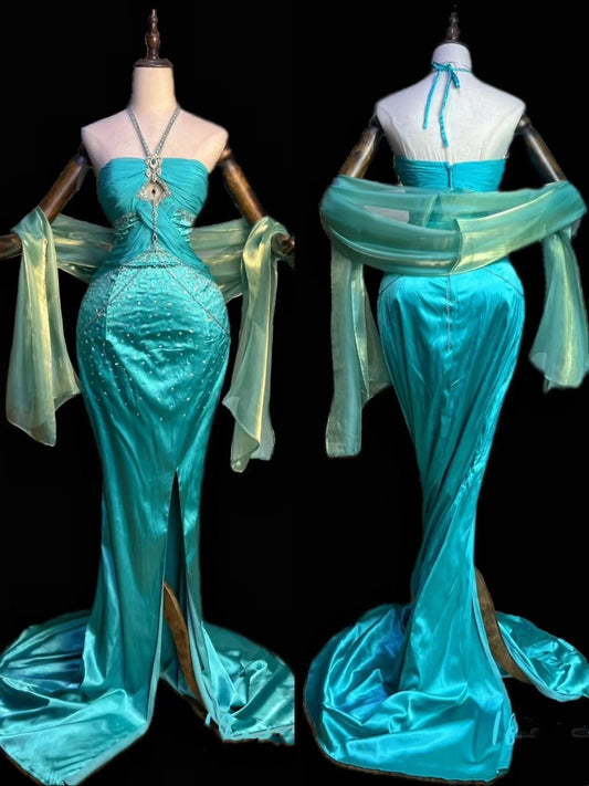 Blue gorgeous exquisite beaded long satin ball gown evening dress party dress nv4373