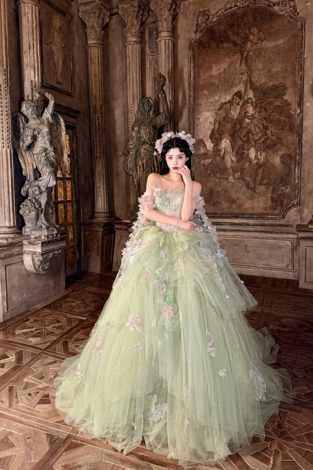 Robe de bal longue en tulle vert, somptueuse et délicate à motifs floraux NV6642