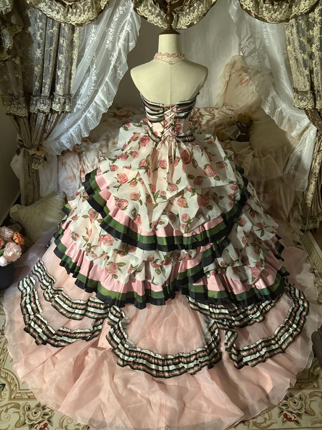 Pink Floral Princess Tulle Floor-Length Ball Gown nv5173
