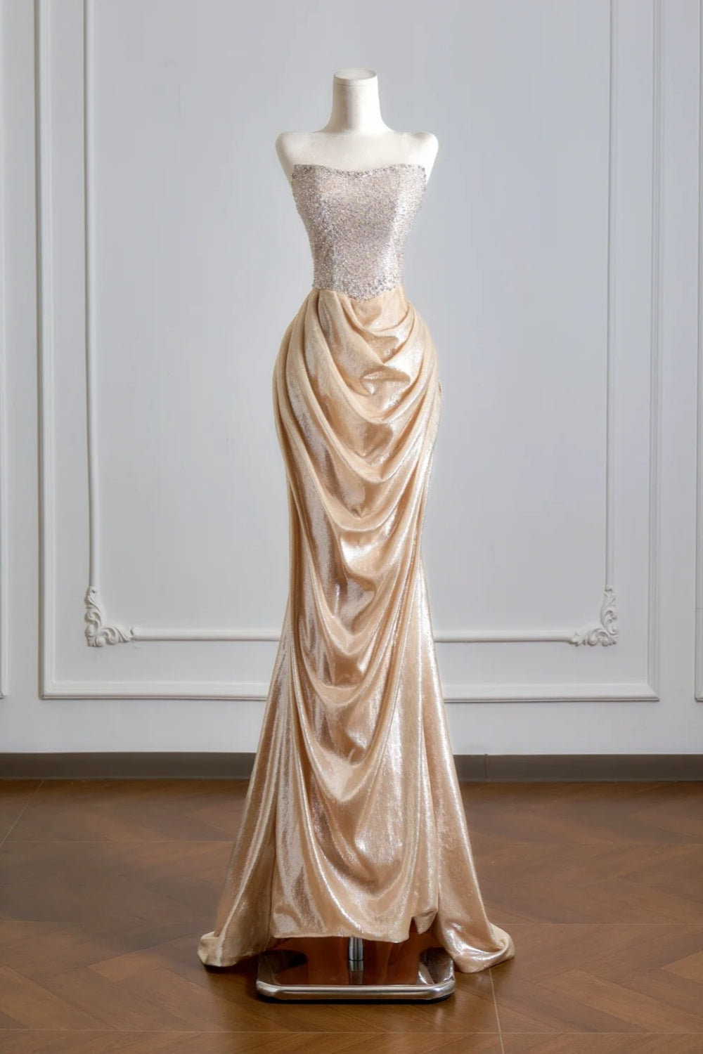 Strapless Beaded Champagne Gold Mermaid Evening Gown Luxury Draped Formal Dress  NV6876