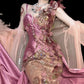 🌸Pink and purple floral beaded long satin ball gown evening dress fairy dress nv4433