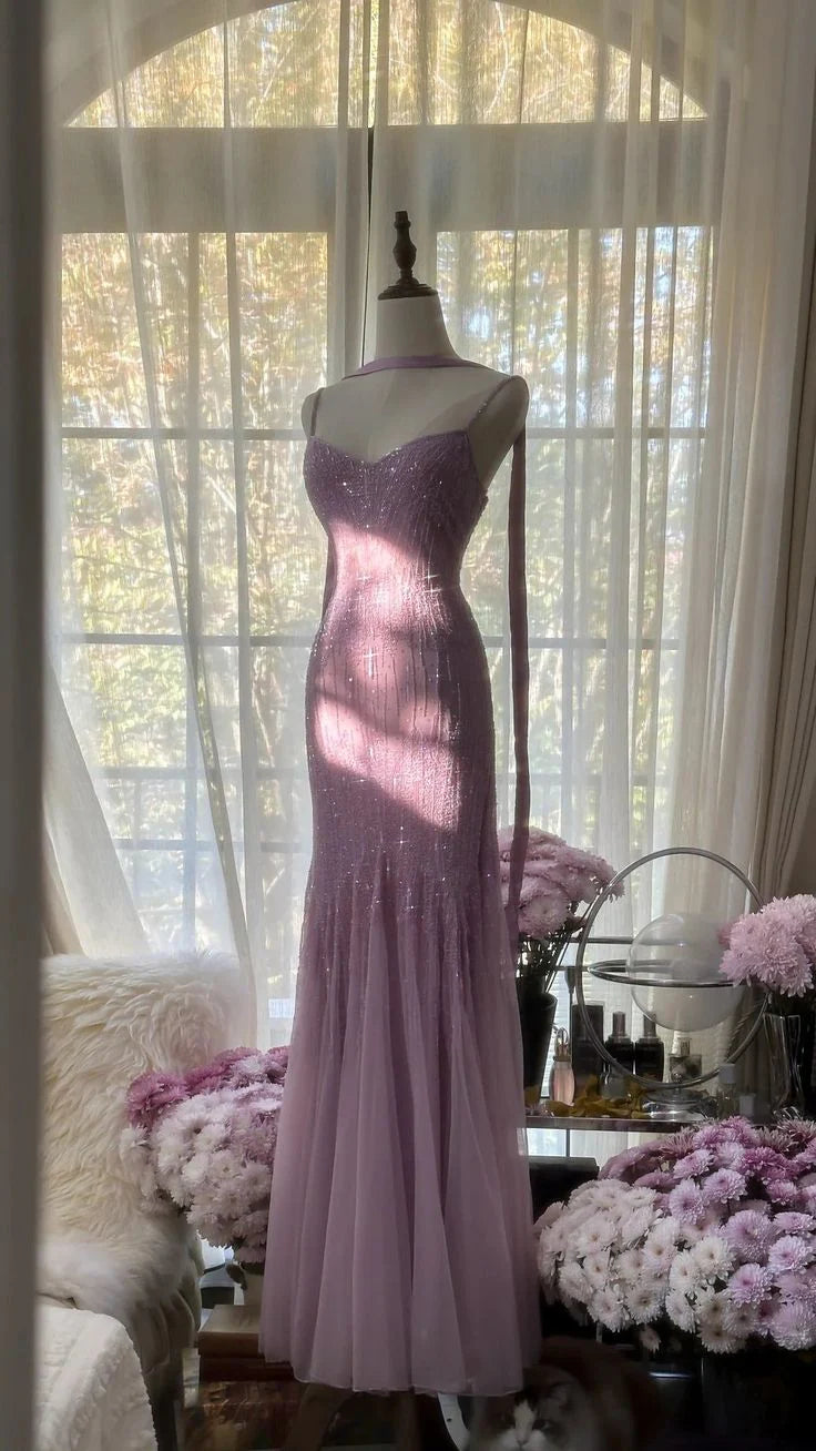 Purple Luxury Gorgeous Elegant Exquisite Beaded Mermaid Spaghetti Straps Long Tulle Sequined Prom Dress Evening Dress Graduation Dress Party Dress nv4031