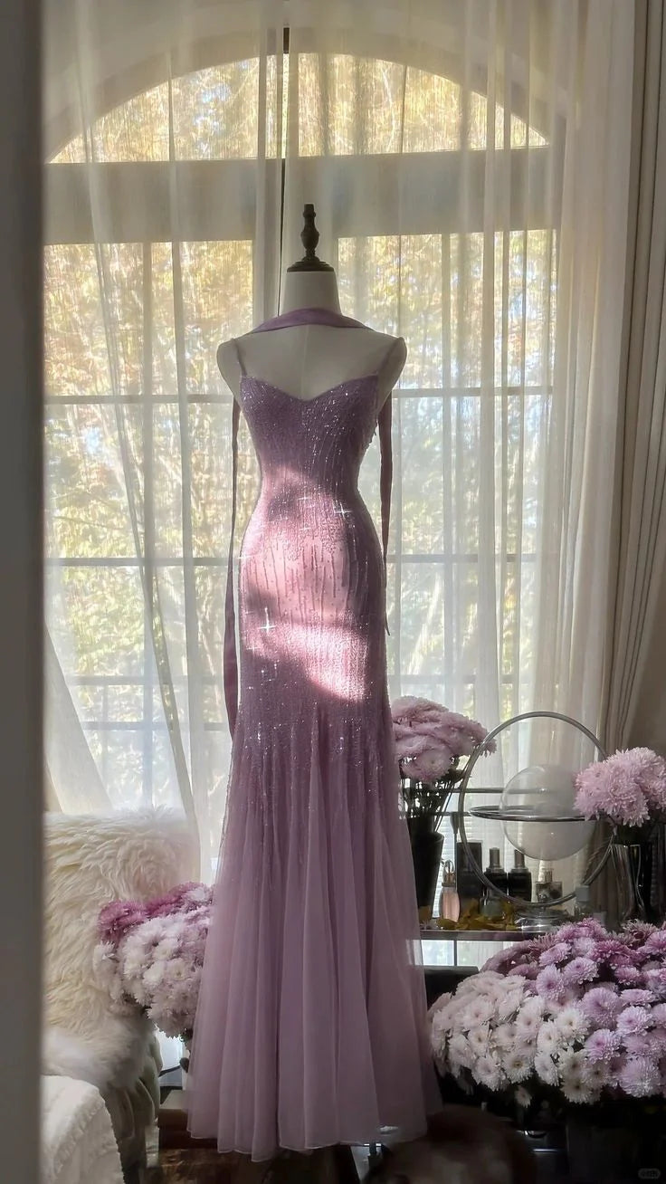 Purple Luxury Gorgeous Elegant Exquisite Beaded Mermaid Spaghetti Straps Long Tulle Sequined Prom Dress Evening Dress Graduation Dress Party Dress nv4031