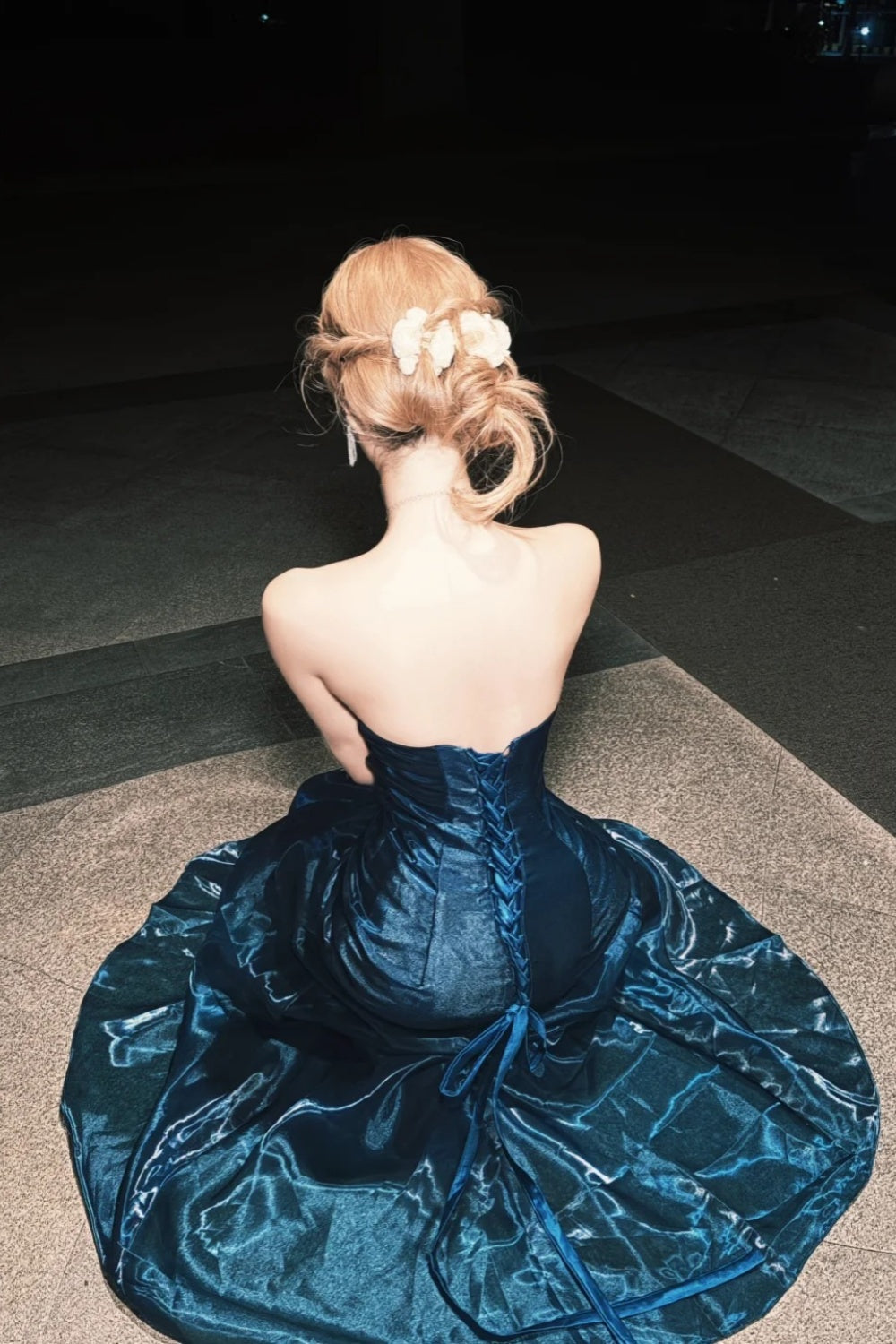 Strapless Liquid Satin Deep Blue Mermaid Gown Back Lace-up Formal Evening Dress  NV6880