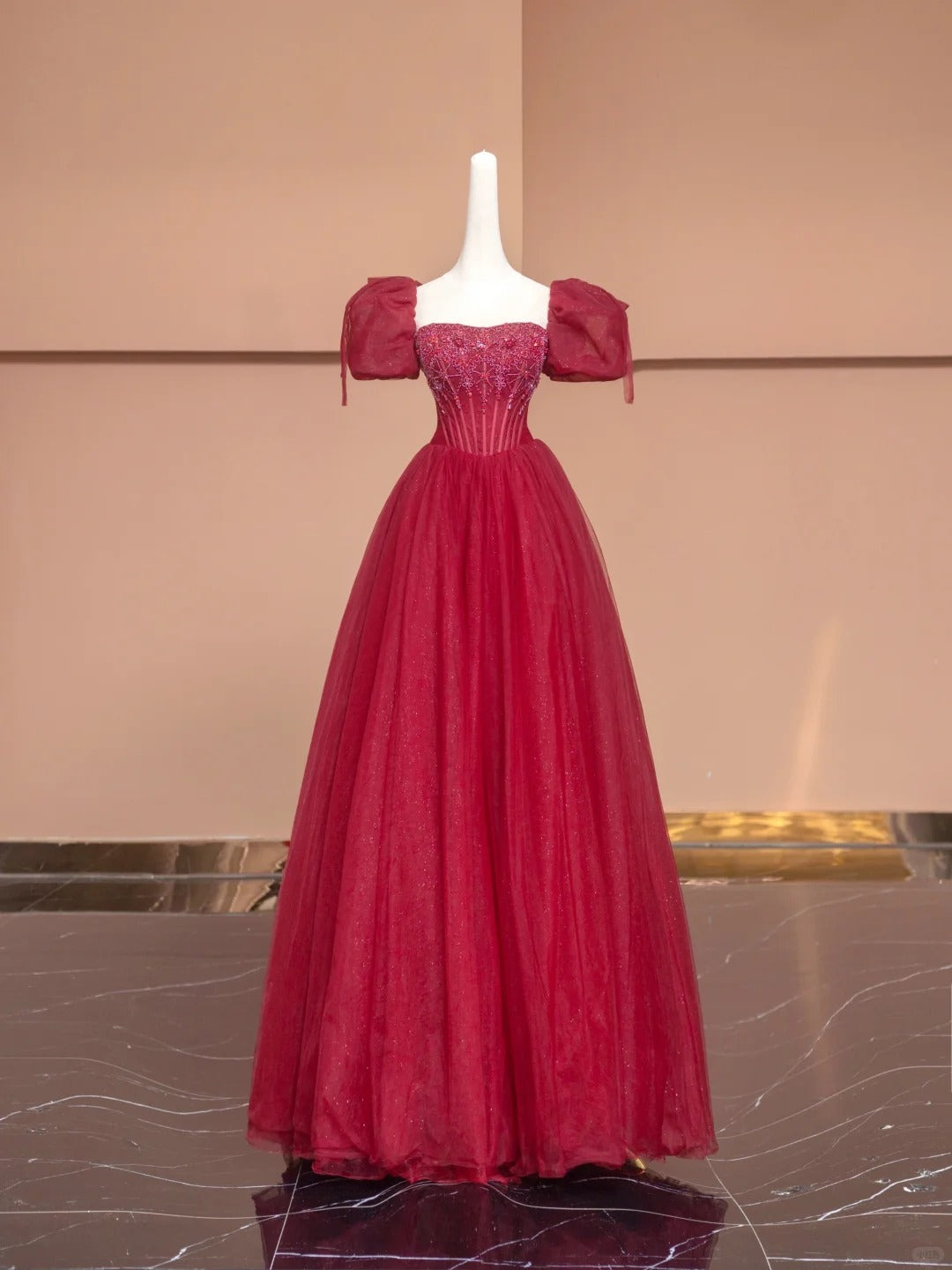 Red Vintage Exquisite Beaded Long Tulle Prom Dress Evening Dress Party Dress Ball gown nv4729