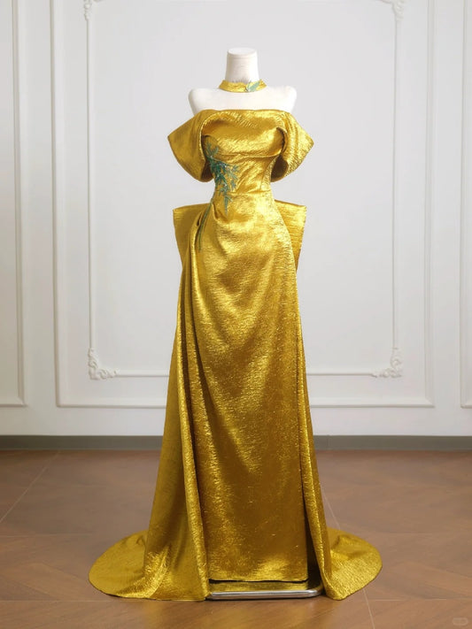 Gold Applique Elegant Long Satin Prom Dress Evening Gown nv4954