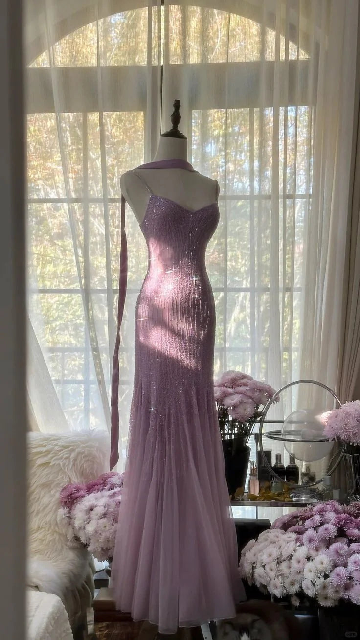 Purple Luxury Gorgeous Elegant Exquisite Beaded Mermaid Spaghetti Straps Long Tulle Sequined Prom Dress Evening Dress Graduation Dress Party Dress nv4031