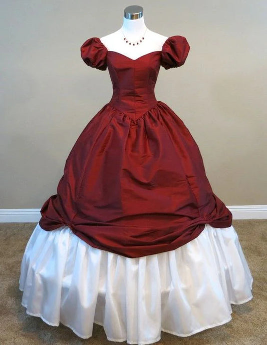 Burgundy A-line Short Sleeve Satin Princess Dress Ball Gown Evening Dress nv1905