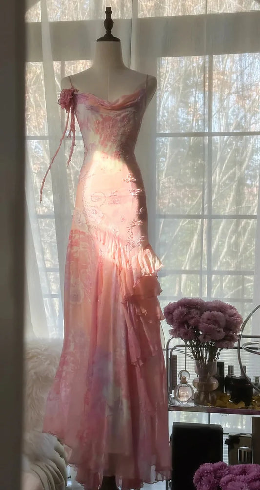 Elegant and romantic ruffled chiffon pink long prom dress nv5321