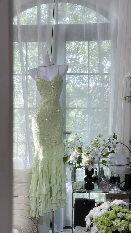 Green Mermaid Formal Dress Vintage Long Chiffon Party Dress Evening Dress Prom Dresses nv4326