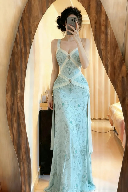 NiceVestidos - Robe de bal vintage, robe de soirée bleue élégante et raffinée, ornée de perles. NV5983