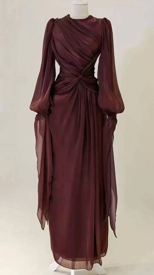 Burgundy Elegant Evening Dress A-Line Long Sleeves Prom Gowns nv4232