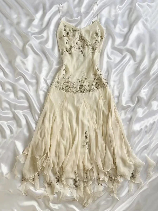 Ivory Beaded Long Chiffon Dress Party Dress Ruffled Evening Dress Ball Gown  nv4579