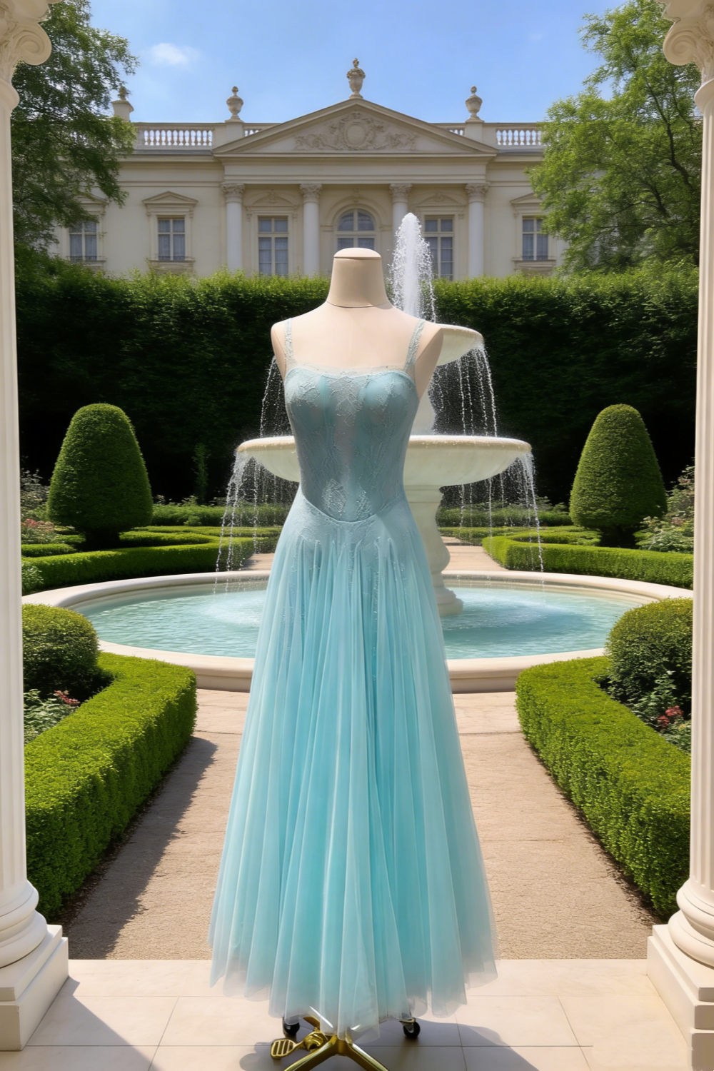 Robe bustier en mousseline de soie bleu glacier à fines bretelles scintillantes et dentelle bleu glacier NV6787