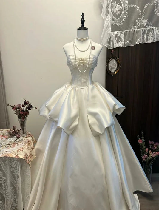 Ivory Elegant A-line Off-shoulder Long Satin Wedding Dress, Sleeveless Evening Gown nv4235