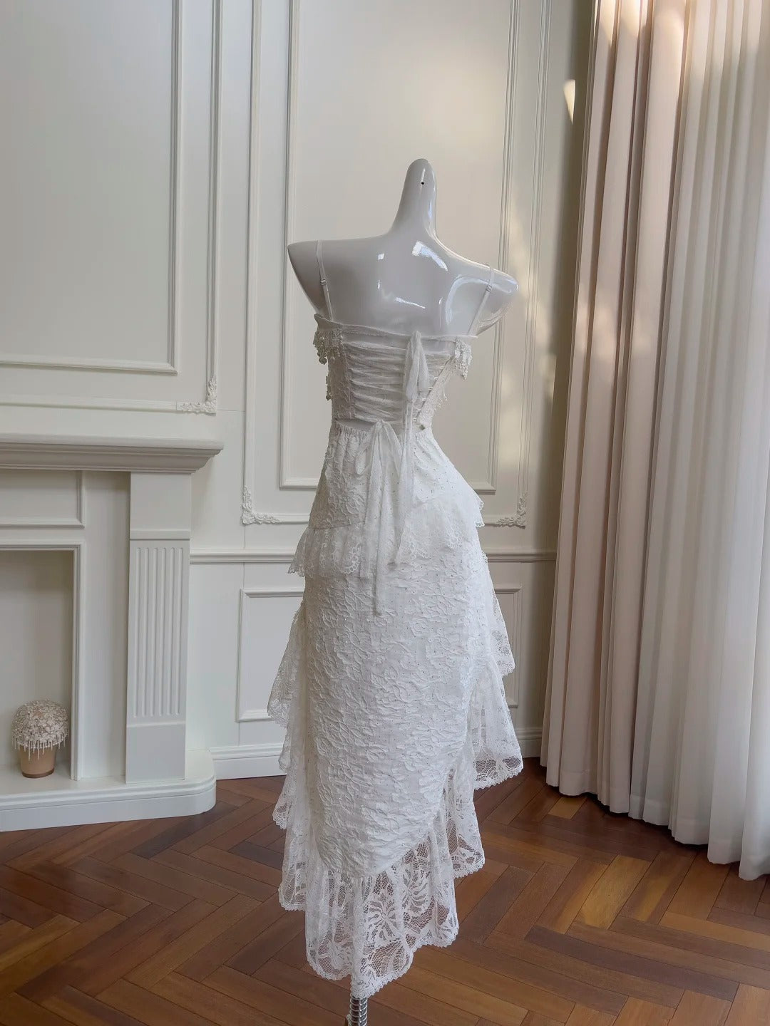 White Sweet Lace Pearl Beads Stylish Elegant Long Chiffon Homecoming Dress Prom Dress Evening Dress Birthday Dress Party Dress nv4139