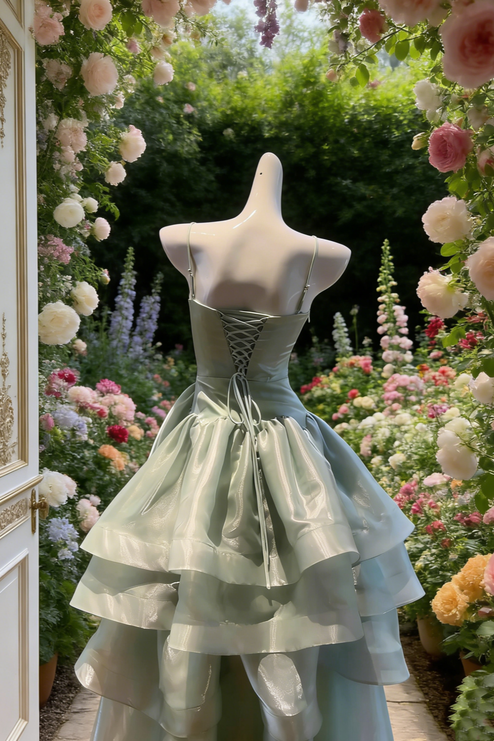 Robe de soirée en organza vert menthe scintillant à fines bretelles spaghetti - Robe asymétrique vaporeuse à volants NV6785