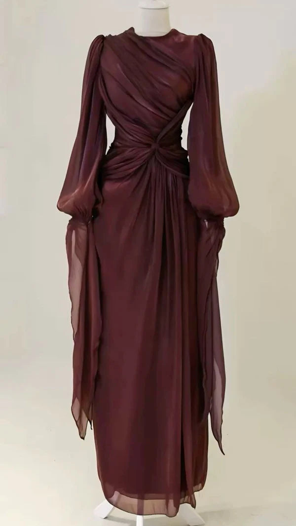 Burgundy Vintage Elegant Long Sleeves Graceful A-Line Long Chiffon Ball Gown Evening Dress Party Dress nv4160