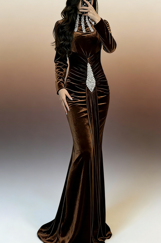Robe de soirée sirène en velours à col montant et franges de cristal NV6795