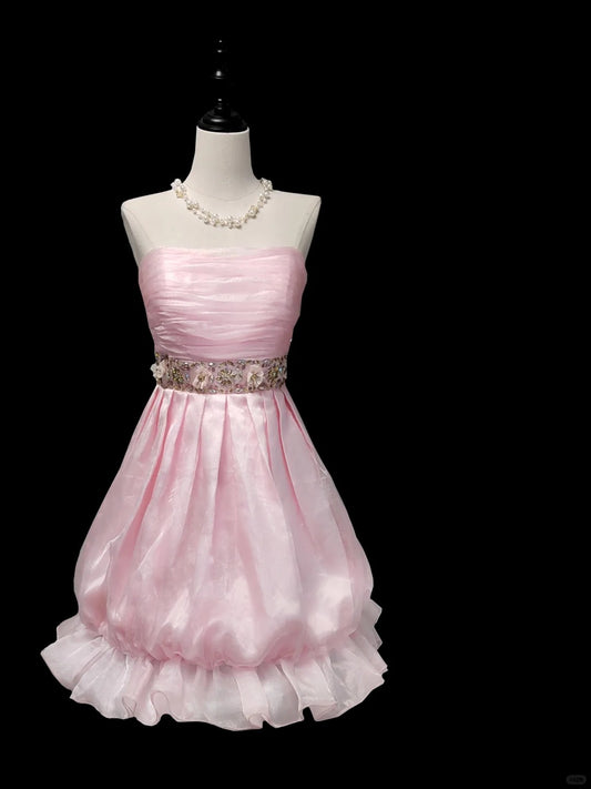 Pink Fashion Elegant Exquisite Beaded Short Tulle Chiffon Homecoming Dress Ball Gown Evening Dress Birthday Party Dress Prom Dress nv3967