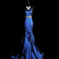 Blue Gorgeous Elegant Fashion Exquisite Gem Beads Long Mermaid Slim Satin Ball Gown Evening Gown Prom Dress nv3872
