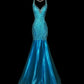 Blue Shiny Fashion Elegant V-neck Floral Long Mermaid Slim Fishtail Skirt Satin Floor Length Train Ball Gown Evening Gown Party Dress Prom Dress nv3862