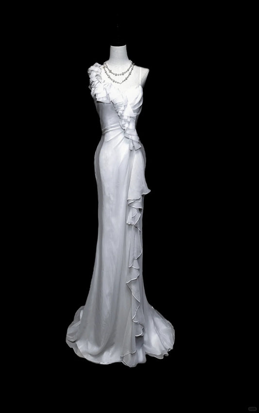 White Fashionable Elegant Floral Straps Long Tulle Chiffon Mermaid Slim Fit Floor Length Trailing Ball Gown Evening Gown Prom Gown Wedding Gown nv3869