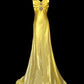 Yellow Fashion Elegant V-neck Exquisite Gem Long Mermaid Slim Fishtail Skirt Satin Floor Length Train Ball Gown Evening Gown Party Gown Prom Dress nv3864