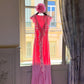 Robe sirène rose dégradée à volants : décolleté en V épaules dénudées, coupe ajustée, style romantique français NV6401