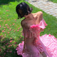 Robe sirène rose dégradée à volants : décolleté en V épaules dénudées, coupe ajustée, style romantique français NV6401