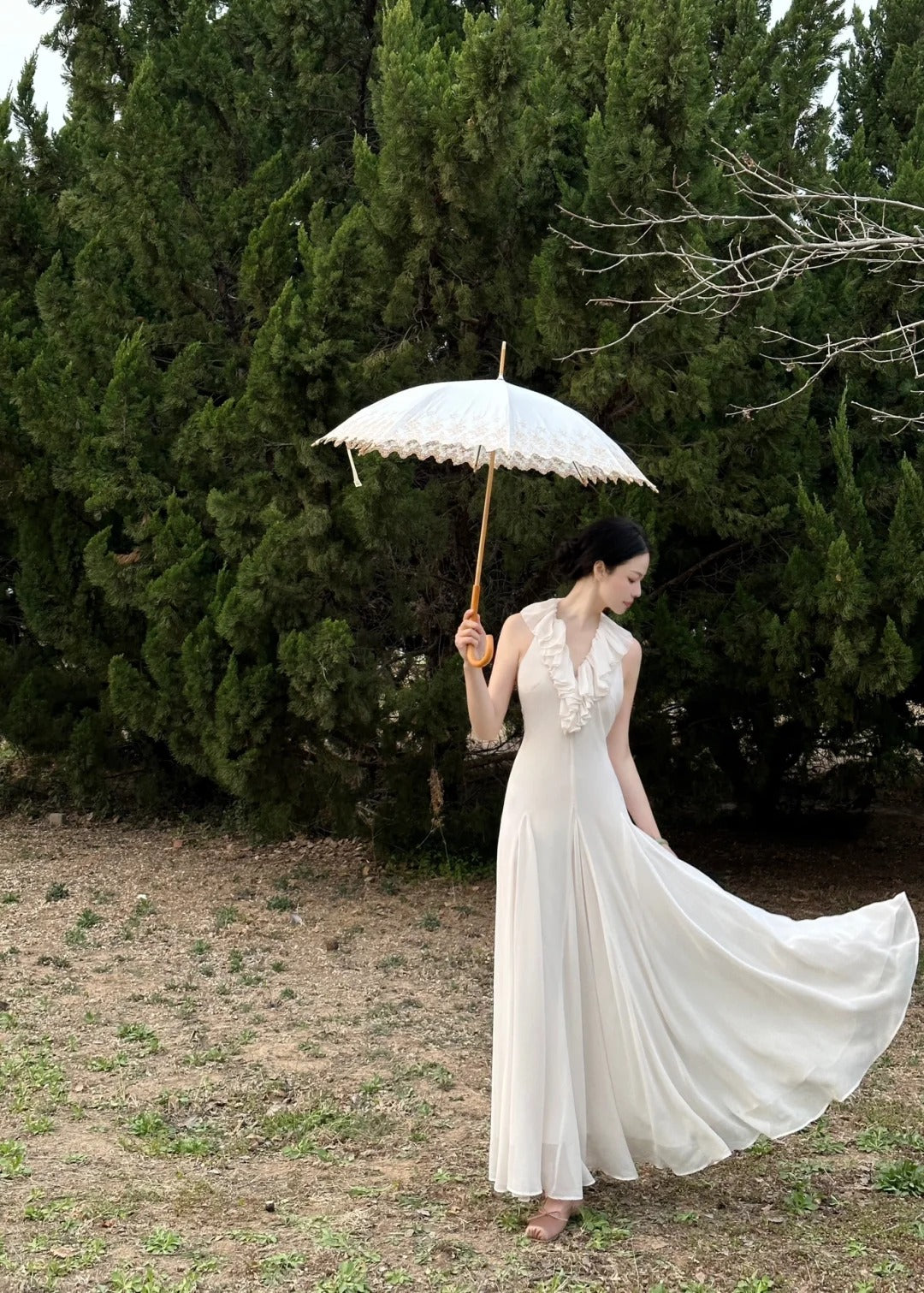 White Elegant Vintage Fashion Romantic Long Floor Length Chiffon Ball Gown Evening Dress Birthday/Vacation/Wedding Guest Party Dress Prom Dress nv4072