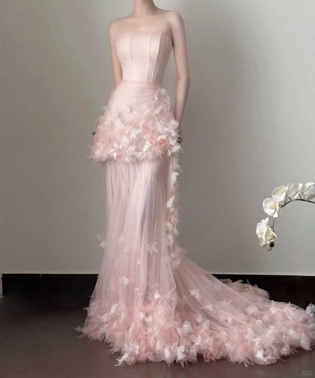 Pink Elegant Retro Fashion Romantic Long Floor Length Trailing Chiffon Tulle Ball Gown Evening Dress Birthday/Vacation/Wedding Dress Ball Gown Wedding Dress nv4075