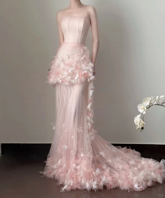 Pink Elegant Retro Fashion Romantic Long Floor Length Trailing Chiffon Tulle Ball Gown Evening Dress Birthday/Vacation/Wedding Dress Ball Gown Wedding Dress nv4075