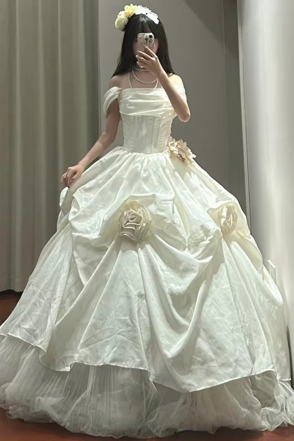 Robe de bal longue princesse blanche à fleurs NV6858