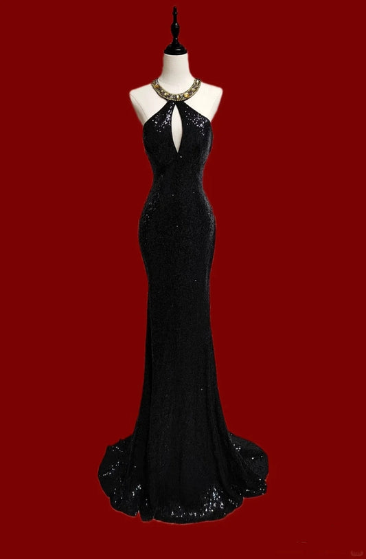 A gorgeous, sparkling, and elegant black mermaid long sequined prom dress for an evening gown. nv5223