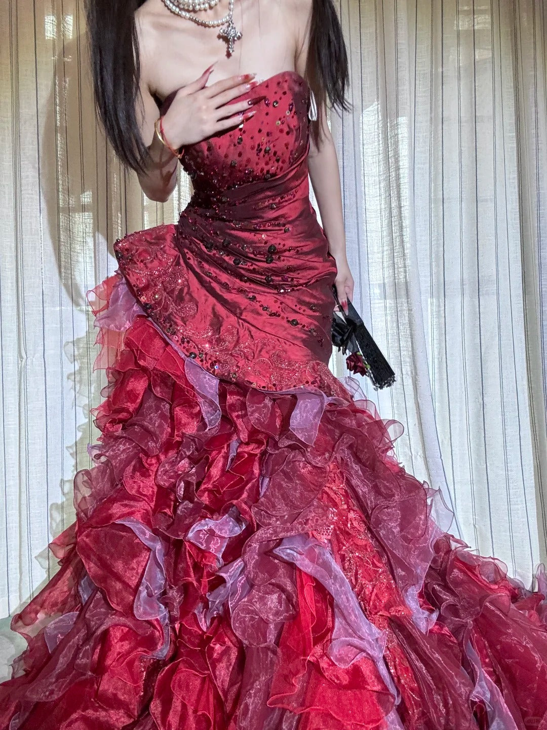 Robe de bal longue en mousseline rouge luxueuse et somptueuse, robe de princesse NV6727