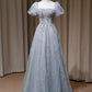 NiceVestidos-_Long, sparkling blue formal ball gown with delicate beading NV5996