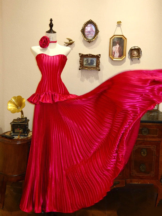 NiceVestidos--Vintage Style Satin Pleated Gown, Long Sleeveless Strapless Banquet Dress NV5824
