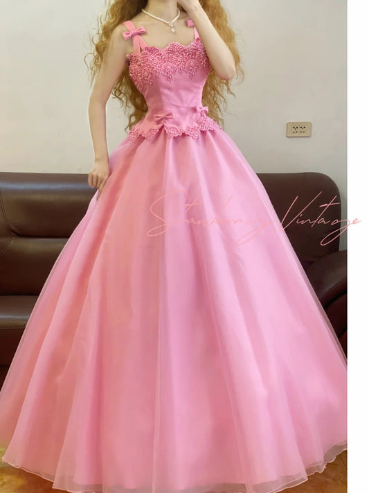 Pink Beaded Vintage Elegant Long Princess Satin Ball Gown nv5029