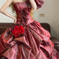 Red floral pleated fashionable long satin princess ball gown nv5045