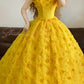 Yellow Vintage Elegant Floral Beaded Long Tulle Princess Ball Gown nv5009